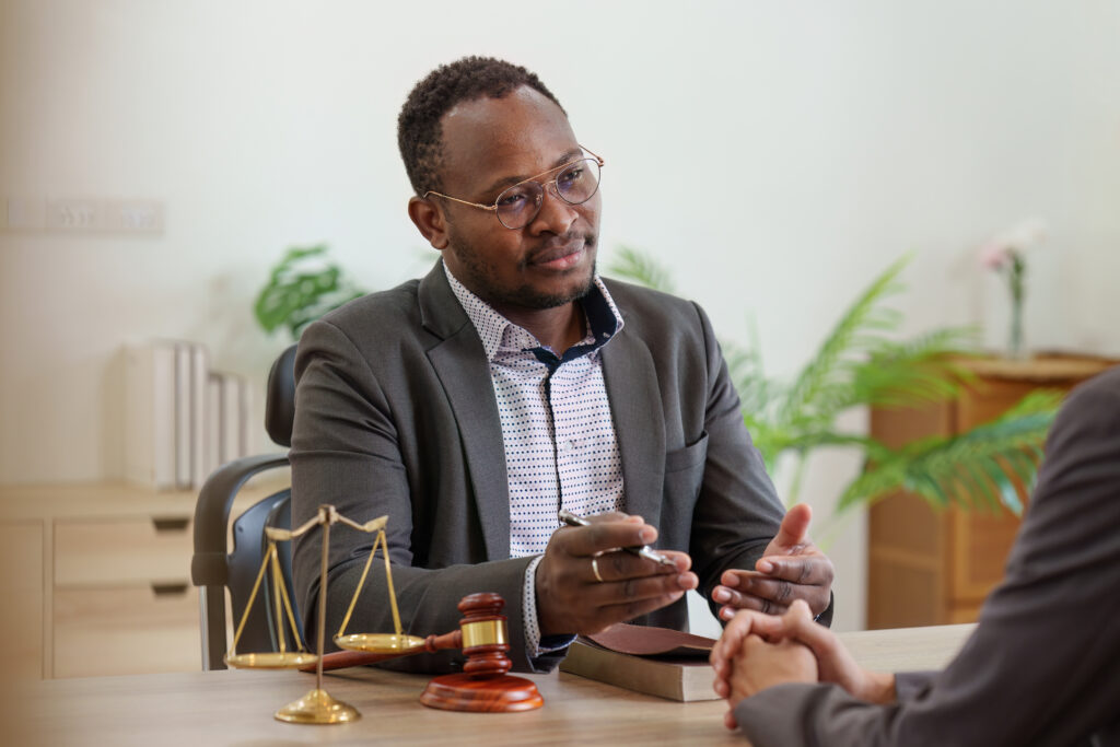 American African Lawyers advice to client about agreement contract. Law, legal services, advice